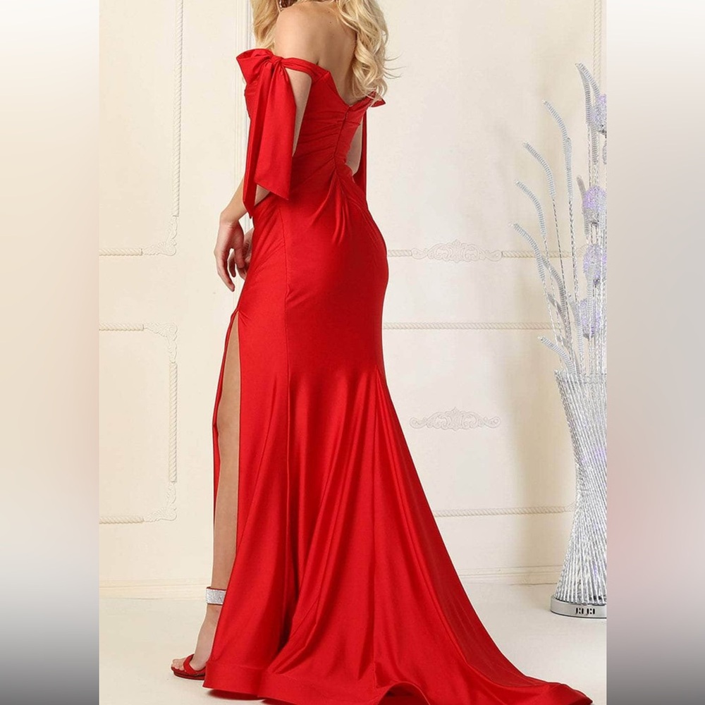 NWT May Queen Red off shoulder evening Gown MQ1858
